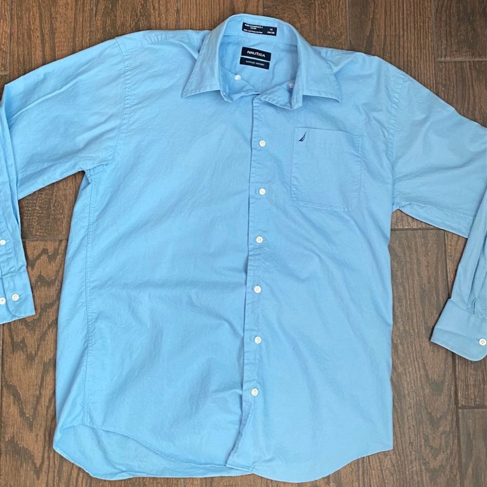 Men's NAUTICA Long-Sleeve Button Down Shirt Blue Sz 16 34/35 Vintage Oxford